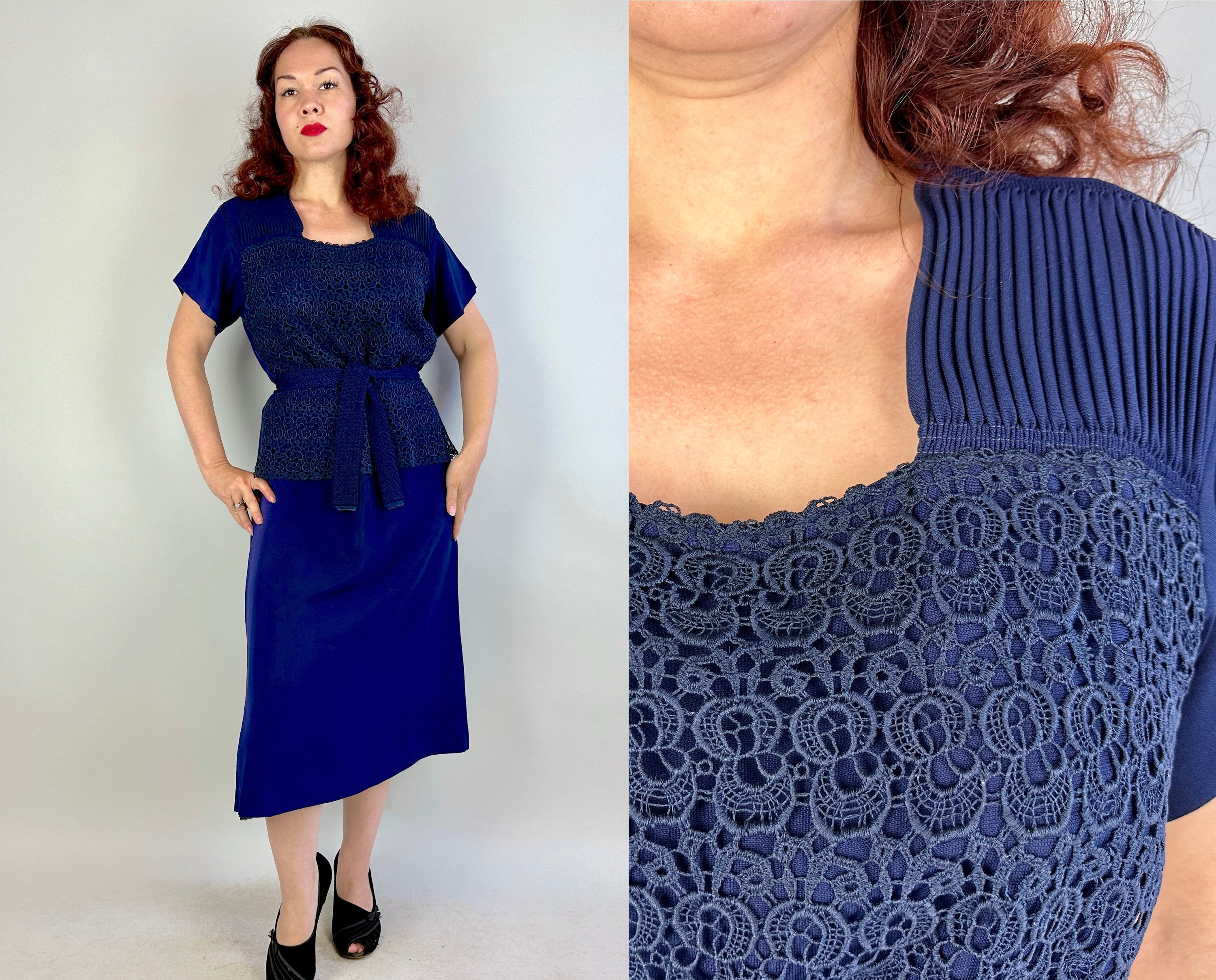 1940s Mens Ties | Wide Ties & Painted Ties 1940S Lacey Lucille Dress  Vintage 40S Navy Blue Rayon Day To Night Frock With Lace Overlay Pleats  Half Peplum Extra Large Xl $260.00 AT vintagedancer.com