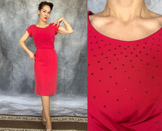 1950s Hot Pink Honey Dress | Vintage 50s Rayon Crepe Cocktail Frock with Ruby Red Rhinestone Studs and Faux Drape | Extra Large XL