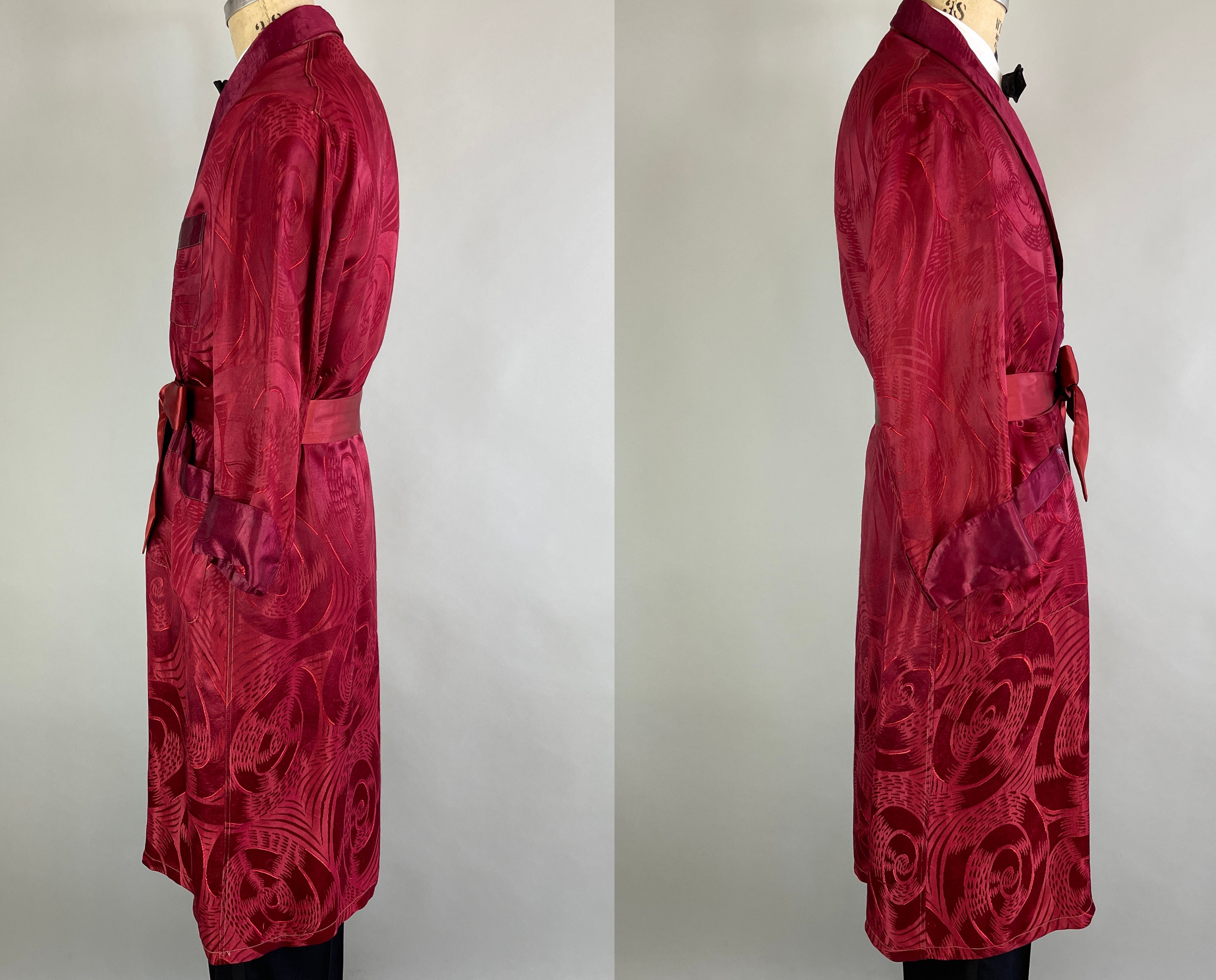 Kleding Herenkleding Pyjamas & Badjassen Jurken vintage jaren 1940 Geometrische donkerrode rayon zijde als roken jas badjas lange mouw heren 