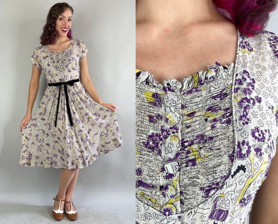 1940s Under the Plum Tree Frock | Vintage 40s Novelty Print Sheer Silk Floral Full Skirt Ruched Cap Sleeve Dress | Extra Small XS