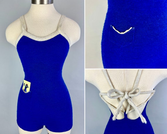 1930s Catch Some Waves Bathing Suit | Vintage 30s Blue Wool Knit One Piece Swimsuit w/White Braided Straps & Pocket | Extra Small XS Small