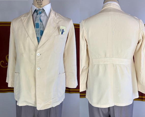 1930s Serene Summer Jacket | Vintage 30s Cream Off-White Silk Belted Back Lightweight Mens Blazer with Patch Pockets | Size 38 Medium