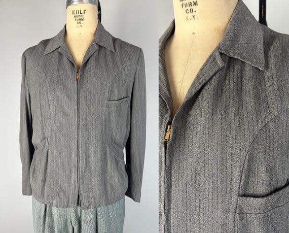 1950s Wicked Westerner Jacket | Vintage 50s Steel Grey and Black Pinstripe with Electric Blue Flash Wool Gabardine Action Back Coat | Large