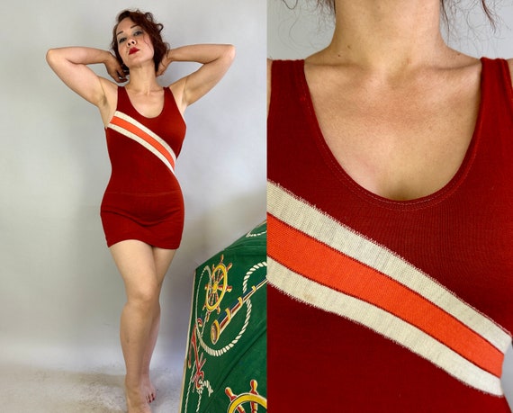 1920s Color Bars Bathing Suit | Vintage Antique 20s Burnt Orange Wool Knit Swimsuit with Diagonal Stripe of White & Tangerine | Small Medium