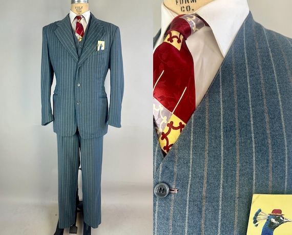 1940s Supreme Splendor Suit | Vintage 40s Steel Blue Grey w/White and Golden Pinstripes 3-Piece Jacket Vest and Trousers Set | Size 44/46 XL