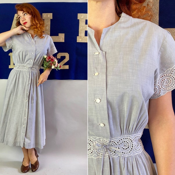 1940s Darling Donna Dress | Vintage 40s Palest Slate Blue Grey Cotton Button Up Frock w/ White Eyelet Embroidery & Drawstring Waist | Medium
