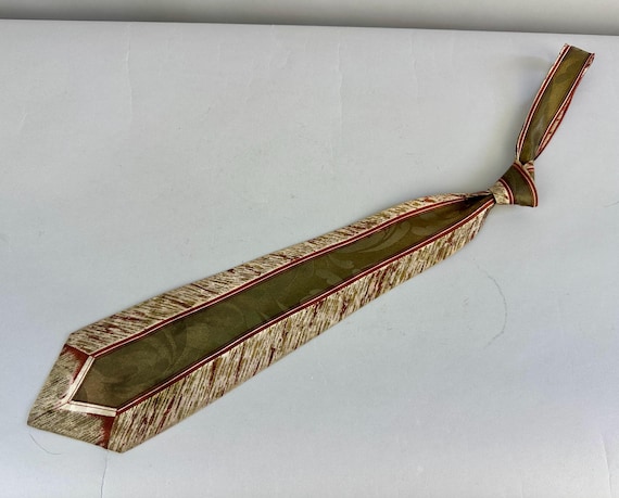 1940s Fabulous Fresco Necktie | Vintage 40s Romanesque Rayon Wide Self Tie Cravat of Olive Green Brown Taupe Ivory and Gold