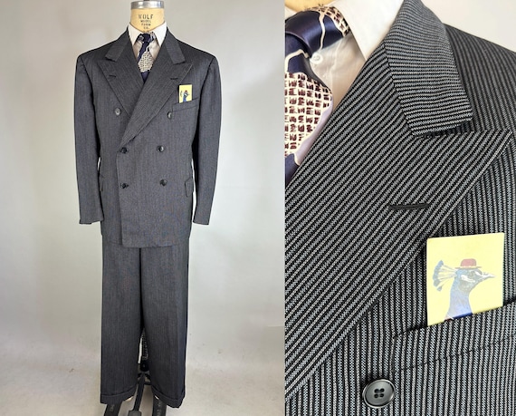 1940s Best Dressed Morning Suit | Vintage 40s Black Blue Grey Stripe Day Formal Jacket & Trousers Dated 1944! | Size 46/48 Extra Large XL