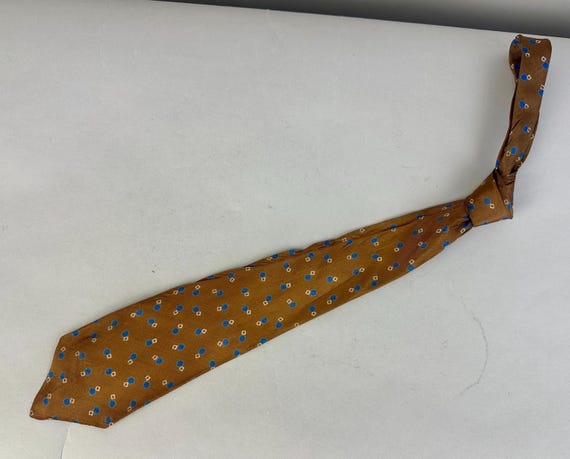 1930s Shady Shapes Necktie | Vintage 30s Metallic Brown Silk Self Tie Cravat with Blue Circles and Ivory Squares