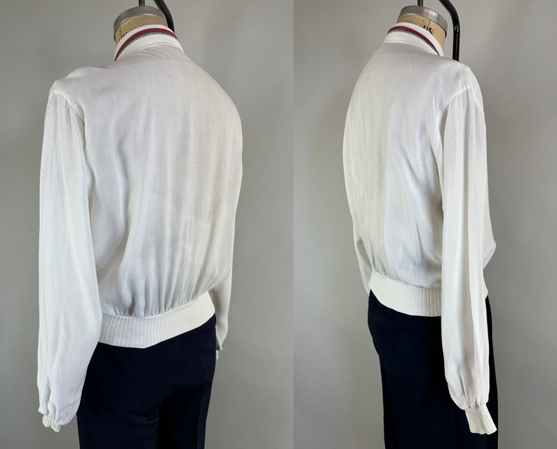 1950s Casual Chic Cardigan Vintage 50s White Lightweight Cotton and Grey and Red Wool Knit Button Up Sweater by Rugger Large image 5