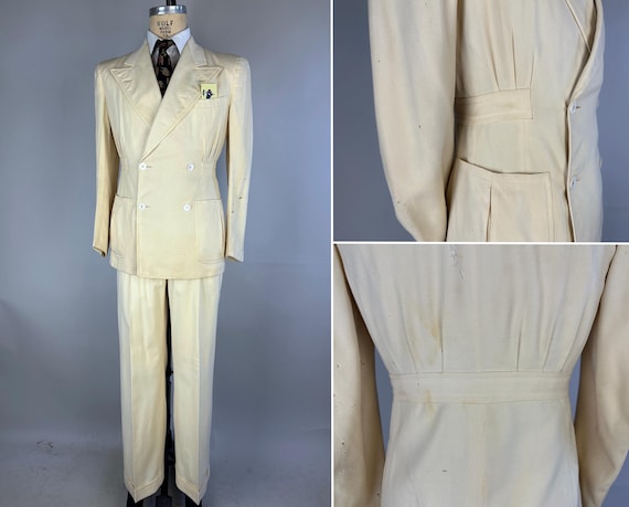 1930s Master Crafted Suit | Vintage 30s Cream White Wool Gabardine Pleated & Belted Back Peak Lapels Jacket + Trousers Set | Size 38 Medium