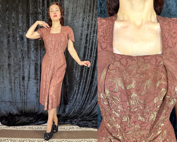1930s Gilda's Gilded Dress | Vintage 40s Bronze Silk Faille Gold Lamé Floral Pattern Cocktail Evening Frock with Pleated Shaping | Medium