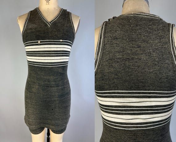 1920s Your Right To Style "Rite Style" Swimsuit | Vintage 20s Heathered Grey Wool One piece Bathing Suit w/White Stripes | Small Medium