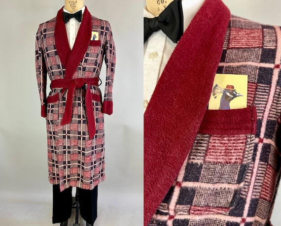 1930s On the Square Robe | Vintage 30s Pink Blue and Red Plaid Flannel Lounge Smoking Jacket with Shawl Lapel & Belt | Medium