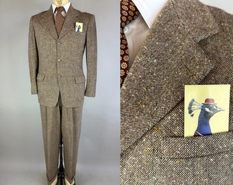 1940s Tasteful Tweed Suit | Vintage 40s Brown and White Colorful Fleck Wool Two Piece Notch Lapel Jacket and Trousers | Size 38 Medium