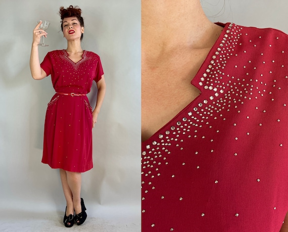 1940s Radiant Red Dress | Vintage 40s Ruby Red Rayon Crepe Cocktail Frock with Studs and Rhinestones and Pockets! | Extra Large XL Volup