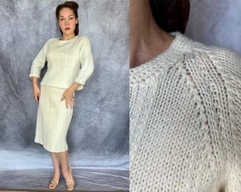 1950s Snow Bunny Knit Dress Ensemble | Vintage 50s Two Piece Winter White Wool Sweater Jumper Pullover and Skirt Set | Small Medium Large