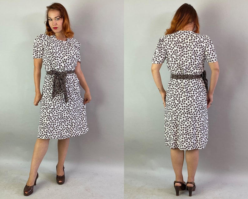 1930s Darling Dottie Day Dress Vintage 30s White & Dark Brown Rayon Floral Party Shirtwaist Frock with Sash Belt Extra Large XL Volup image 10