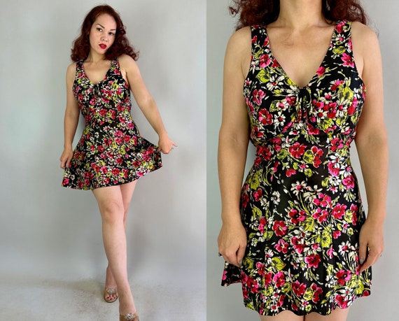 1930s Blossoming Betty Romper | Vintage 30s Black Chartreuse Yellow Red and Pink Floral Rayon Jersey Skirted Playsuit | Large/Extra Large XL