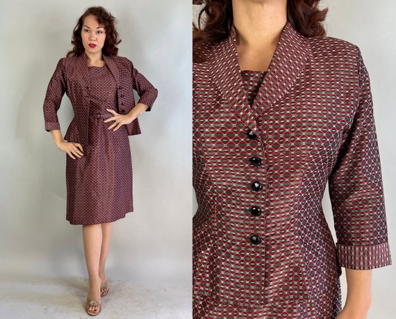 1940s Snazzy Three Piece Dress Set | Vintage 40s Silk Jacquard Ensemble in Red, Grey, Silver, and Black Weave Jacket Belt Buttons | Small