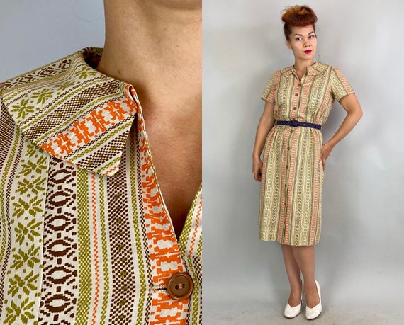 1950s "Princess Peggy" Frock | Vintage 50s White Brown Orange Olive Green Striped Pixel Shirtwaist Dress w/Pockets | Large Extra Large XL