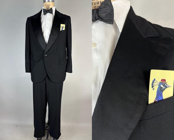 1920s Tastefully Tailored Tuxedo | Vintage Antique 20s Black Herringbone Wool Formal Evening Tux Suit w/Silk Peak Lapel | Size 40 Medium