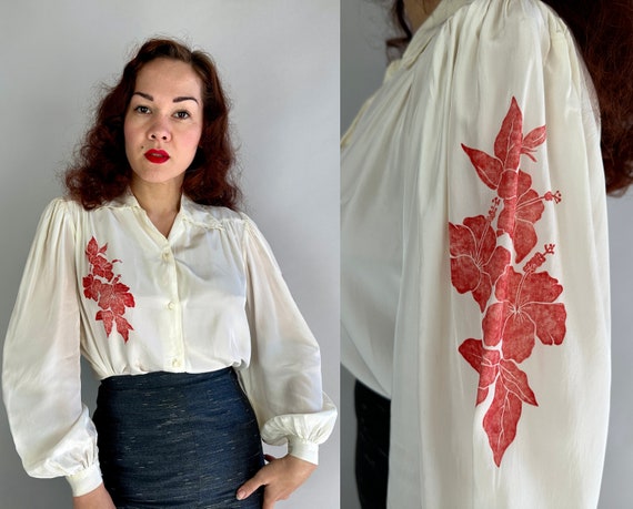 1940s Hand Painted Hibiscus Blouse | Vintage 40s White Silky Rayon Red Floral Button Up Shirt Top with Gathered Balloon Sleeves | Medium