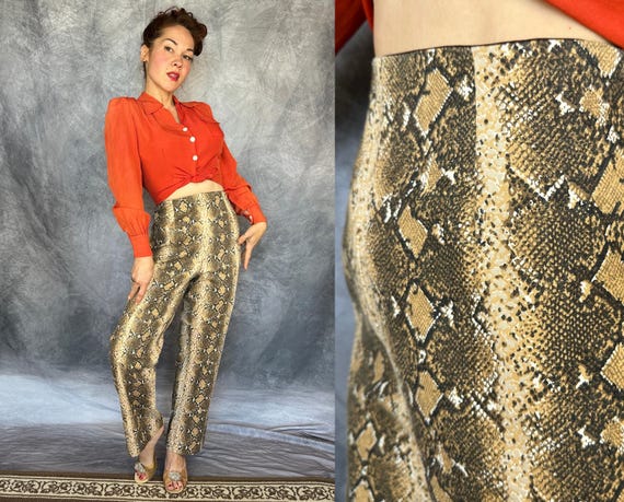 1950s Sexy Saunter Snakeskin Slacks | Vintage 50s Natural Brown Faux Reptile Scale Print Cotton Bad Girl Side Zip Cigarette Pants | Large