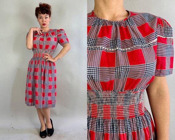 1930s Plaid Patty Dress | Vintage 30s Cotton Check Day Frock in Apple Red Navy Blue & White w/ Puff Sleeves and Shirred Waist | Medium/Large