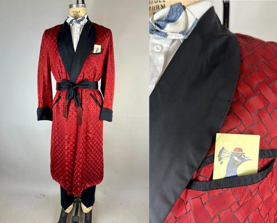 1940s Fill Your Basket Dressing Robe | Vintage 40s Crimson Red & Black Two Tone Satin Acetate Smoking Jacket with Tassel Belt | Small Medium