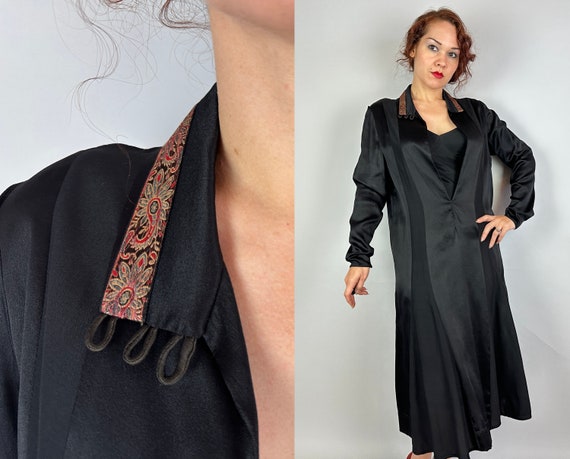 1920s Darkly Deco Dress | Vintage 20s Black Silk Crepe and Satin Striped LBD Frock with Plunging Neckline and Tapestry Trim | Medium Large