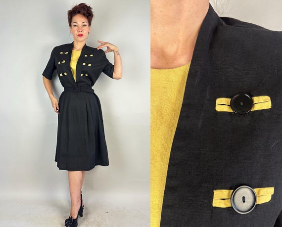 1940s Too Cute Two Tone Dress | Vintage 40s Black and Yellow Linen Cotton Color Block Frock with Decorative Button Accents | Extra Large XL