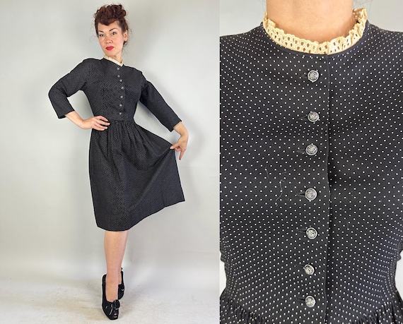 1950s Right on the Dot Dress | Vintage 50s Black and White Lanz Swiss Dot Polkadot Cotton LBD with Eyelet Lace Trim | Medium Large