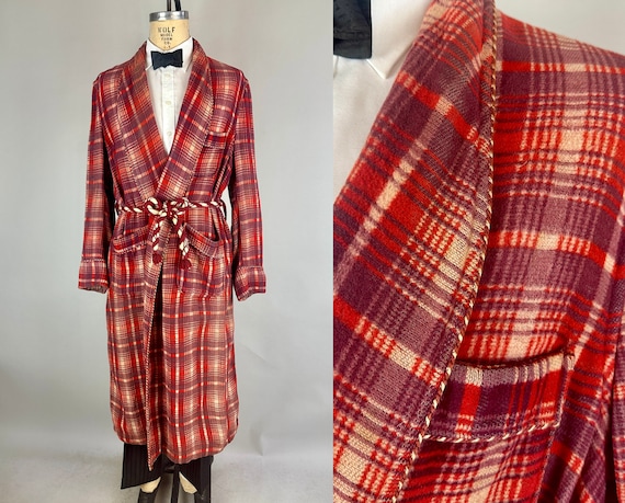 1920s Plummy Plaid Passion Robe | Vintage 20s Plum Purple and Red Cotton Acetate Antique Loungewear Smoking Jacket by Beacon | Medium/Large