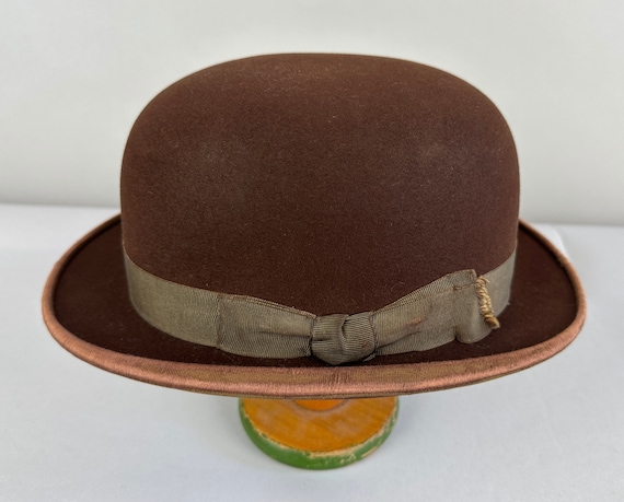 1920s Dashing Derby Hat | Vintage Antique 20s "Stetson" Mahogany Brow Fur Felt Bowler with Olive Grosgrain Ribbon Band | Size 6&7/8 Small