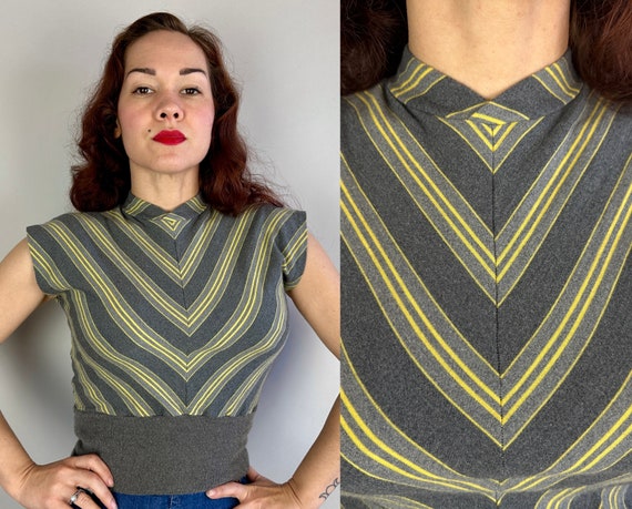 1950s Sultry Chevron Pullover | Vintage 50s French Grey and Yellow Wool Jersey and Knit Shirt Blouse with Stripes | Extra Small XS Small