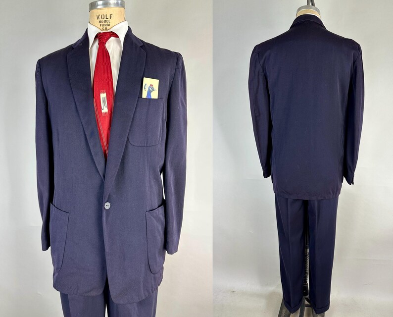 1950s Smart Supper Suit | Vintage 50s Blue Wool Single Breasted After Dinner Button Jacket & Hollywood Waist Trousers | Size 40 Medium image 4