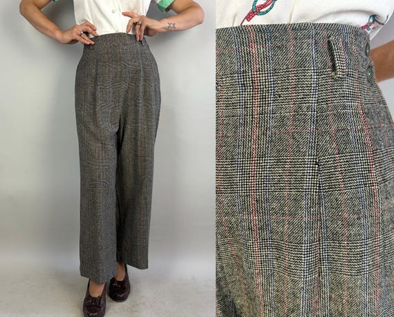 1940s Giddy For "Graff" Glen Plaid Pants | Vintage 40s Wool Prince of Wales Check Black White Blue & Red Wool Side Zip Trousers | Medium