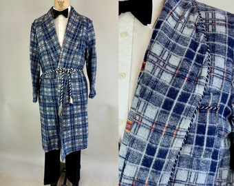 1920s Window Wonderer Robe | Vintage 20s Blue and Red Plaid Flannel Lounge Jacket w/Blue & White Rope Trim and Belt | Large Extra Large XL