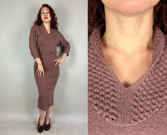 1950s Vexing Vixen Knit Set | Vintage 50s Taupe Brown Two Piece Wool Boucle Knitwear Top and Ribbed Wiggle Skirt Ensemble | Medium Large