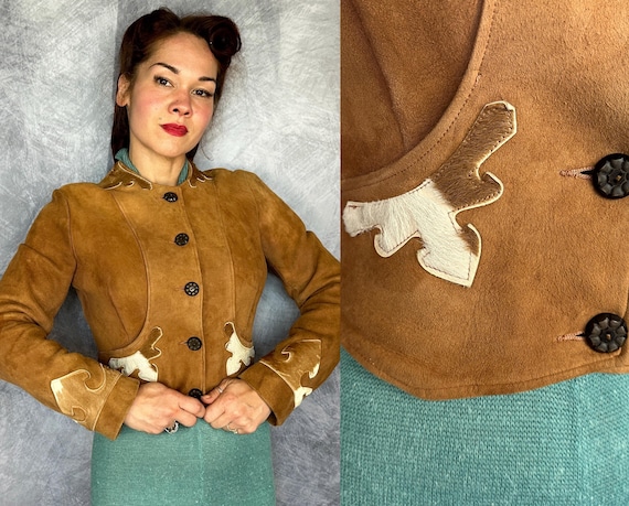 1930s Pioneer Patsy Jacket | Vintage 30s Fawn Brown Suede Cropped Cossack Coat with 2 Tone Cow Hair Western Appliqué | Small Extra Small XS