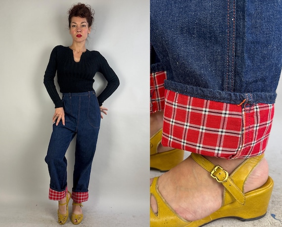 1950s Dangerous in Denim Jeans | Vintage 50s Dark Indigo Dungaree Cotton Pants with Red Plaid Cuff Lining and orange Top Stitching | Small