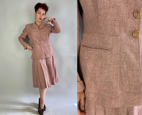 1930s Fashionable Gal Friday Suit | Vintage 30s Heathered Pink and Grey Wool Two Piece Jacket Blazer and Flared Pleated Skirt Set | Medium