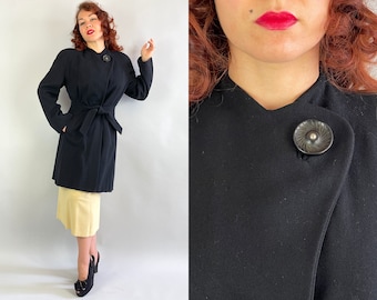 1930s Natasha's Noir Coat  | Vintage 30s Black Wool Scallop Lapel Belted Frock Overcoat with Pleats and Strong Shoulders | Small Medium