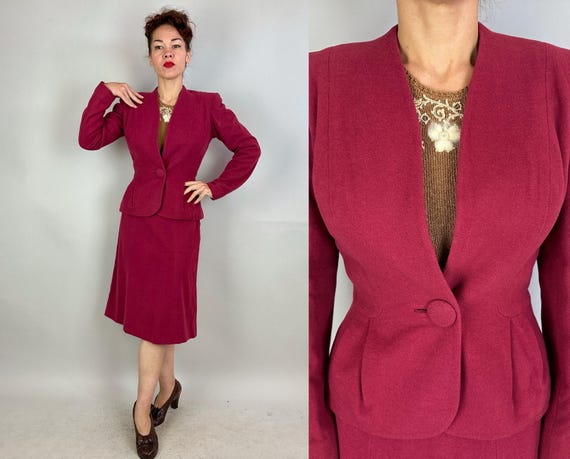 1940s Fuchsia Fantasy Suit | Vintage 40s Dark Pink Wool Ensemble Single Button Jacket Blazer Pencil Skirt Set with Strong Shoulders | Small
