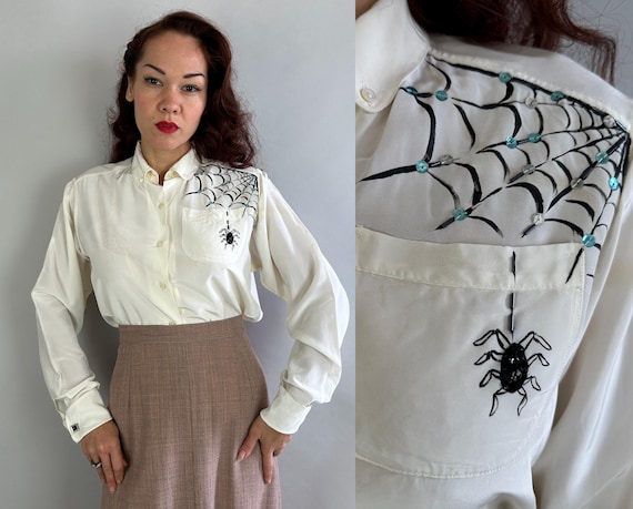 1940s Web of Wonders Blouse | Vintage 40s White Silky Rayon Button Up Shirt Top with Hand Painted Spiderweb and Spider with Sequins | Medium
