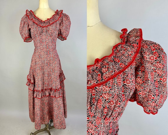 1940s Country Cutie Gown | Vintage 40s Red & Black Novelty Animal Print Cotton Dress w/Puff Sleeves + Ruffle Apron Skirt | Extra Small XS