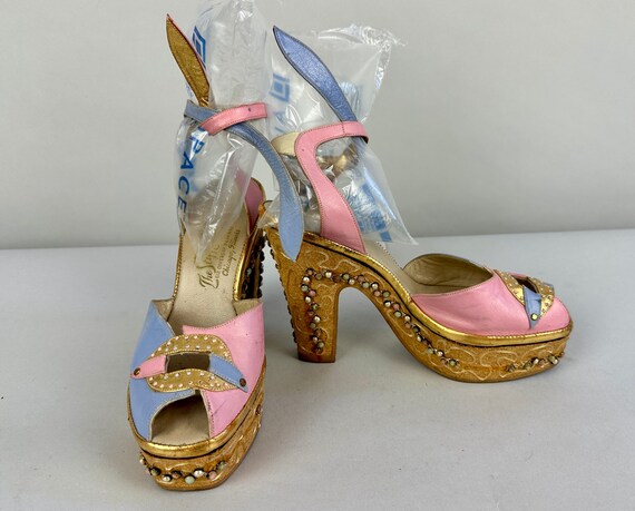 1940s Ooh La La Platforms | Vintage 40s Pink Gold… - image 4