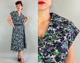 1940s Picturesque Park Novelty Dress | Vintage 40s Blue Grey and Green Cotton Shirtwaist Frock with Pockets and Scallops | Extra Large XL