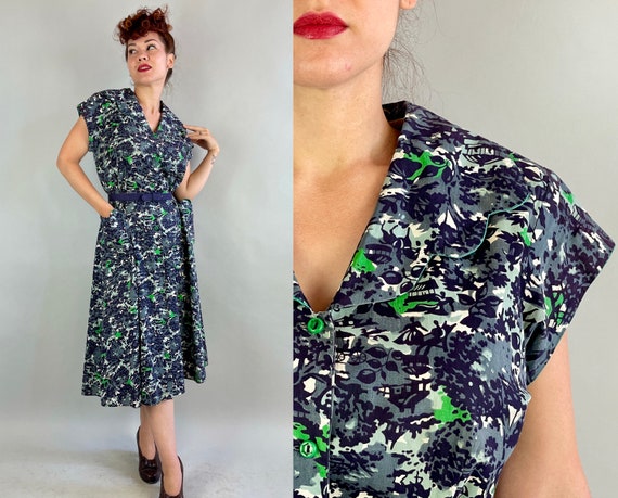 1940s Picturesque Park Novelty Dress | Vintage 40s Blue Grey and Green Cotton Shirtwaist Frock with Pockets and Scallops | Extra Large XL